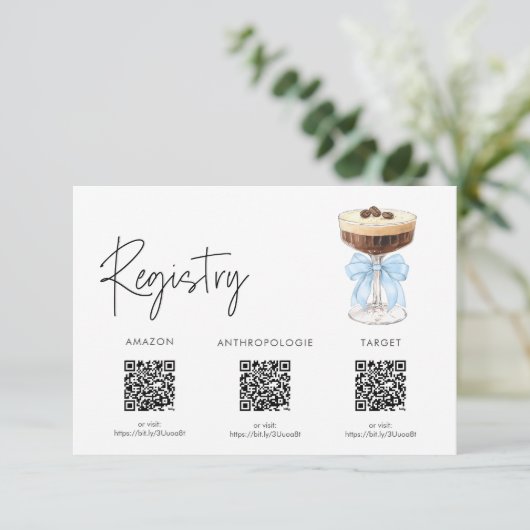 ボウエスプレッソマルティーニブライダルシャワー – レジストリ エンクロージャーカード (スタンド正面)