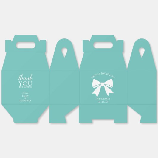ボウエレガントリボンティール（緑がかった色）ブルーベビーシャワーありがとう フェイバーボックス (見開き)