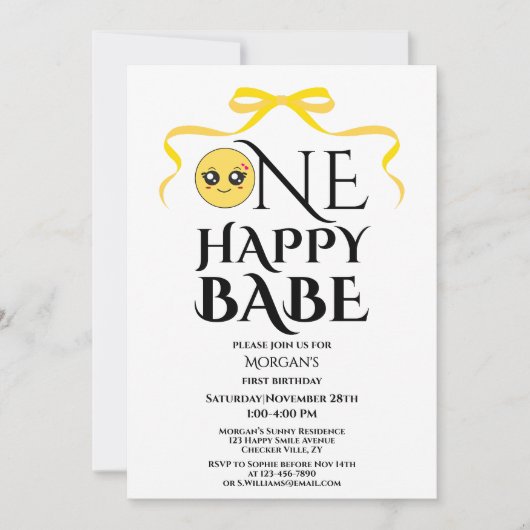 ボウエレガントワンハッピーベビーガールズファースト誕生日 招待状 (正面)