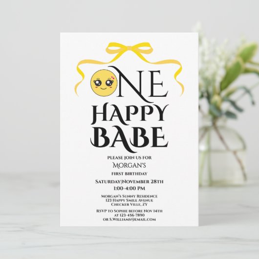 ボウエレガントワンハッピーベビーガールズファースト誕生日 招待状 (スタンド正面)