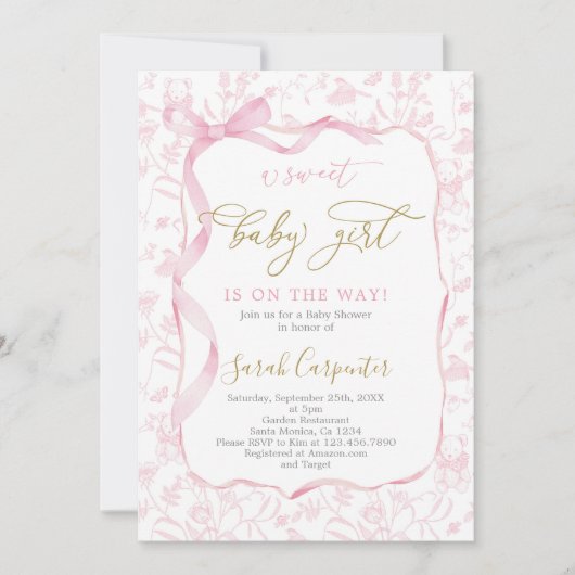 ボウガール付きトイレデジュイ赤ちゃんシャワー 招待状 (正面)