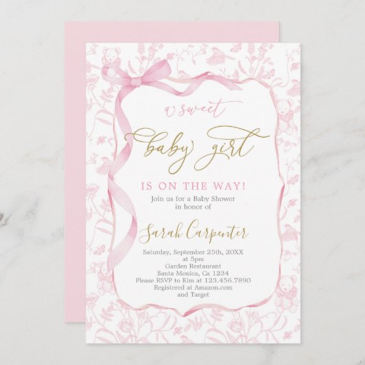 ボウガール付きトイレデジュイ赤ちゃんシャワー 招待状 (正面/裏面)