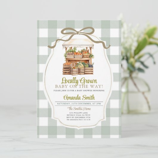 ボウグリーンセージ地元で育った市場のベビーシャワー 招待状 (スタンド正面)