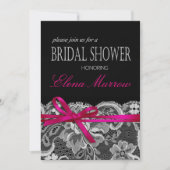 ボウズリボン&レースブライダルシャワーブラック暗い赤紫色 招待状 (正面)