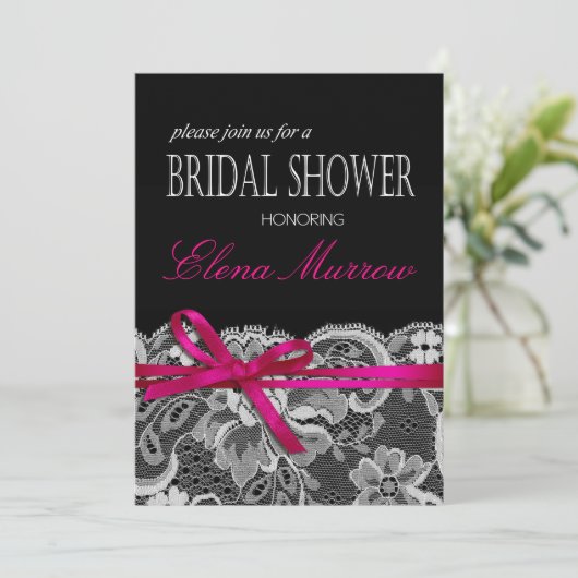 ボウズリボン&レースブライダルシャワーブラック暗い赤紫色 招待状 (スタンド正面)