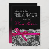 ボウズリボン&レースブライダルシャワーブラック暗い赤紫色 招待状 (正面/裏面)