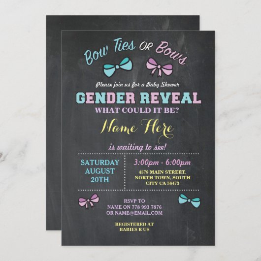 ボウタイまたはボウズ性別が赤ちゃんシャワー招待状を明らかにする 招待状 (正面/裏面)