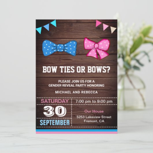 ボウタイまたはボウズ性別の表示パーティー 招待状 (スタンド正面)