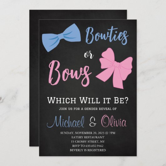 ボウタイまたはボウズ性別の表示 招待状 (正面/裏面)