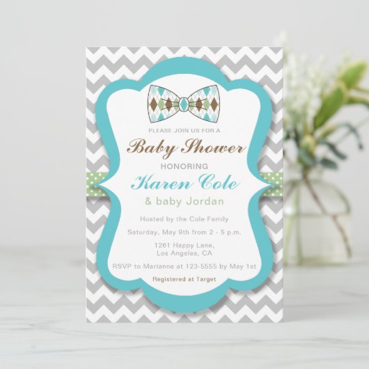 ボウタイアーガイルボーイ赤ちゃんシャワー招待状 招待状 (スタンド正面)