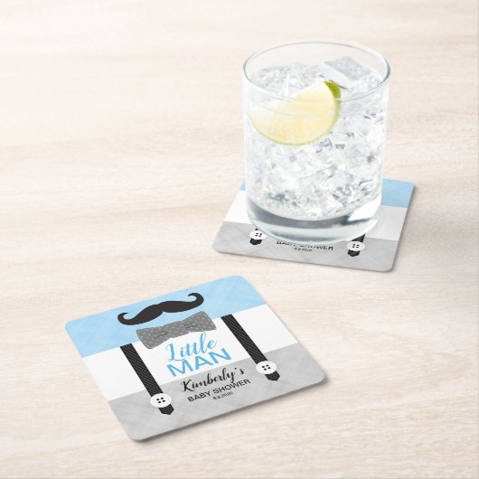 ボウタイサスペンダーブルーグレーの少年の赤ちゃんシャワー スクエアペーパーコースター (インサイチュ)