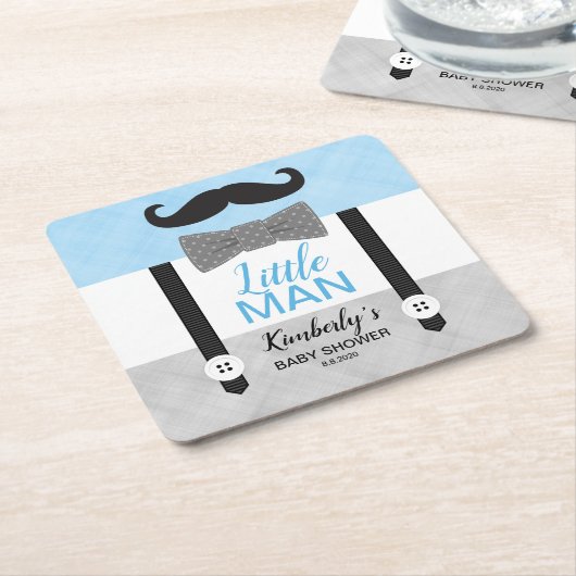 ボウタイサスペンダーブルーグレーの少年の赤ちゃんシャワー スクエアペーパーコースター (アングル)