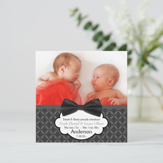 ボウタイツイン男の赤ちゃん写真誕生のお知らせ 案内状 (スタンド正面)