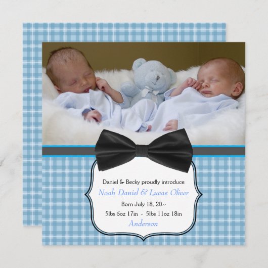 ボウタイツイン男の赤ちゃん写真誕生のお知らせ 案内状 (正面/裏面)