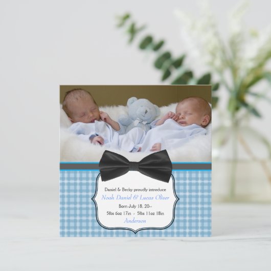 ボウタイツイン男の赤ちゃん写真誕生のお知らせ 案内状 (スタンド正面)