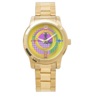 ボウタイテディブルーレッド飛行機金ゴールドリングや輪幾何学模様 腕時計