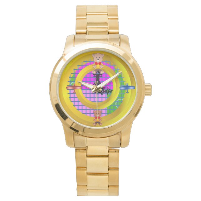 ボウタイテディブルーレッド飛行機金ゴールドリングや輪幾何学模様 腕時計 (正面)