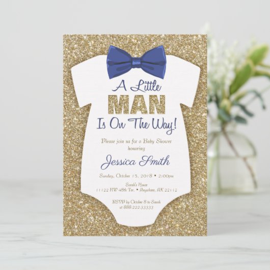 ボウタイベビーシャワー招待状金ゴールドグリッター 招待状 (スタンド正面)