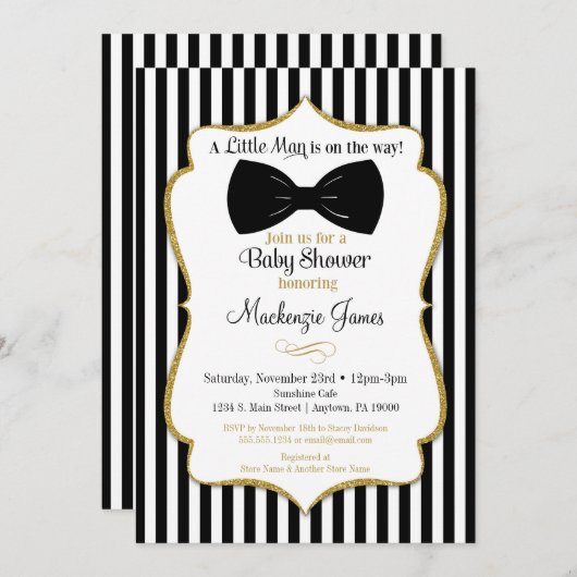 ボウタイボーイボーイベビーシャワー招待状ブラック金ゴールド 招待状 (正面/裏面)