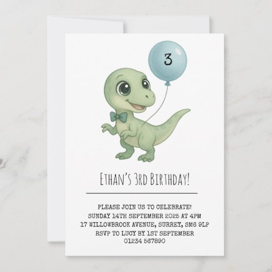 ボウタイ付きグリーン恐竜誕生日 招待状 (正面)