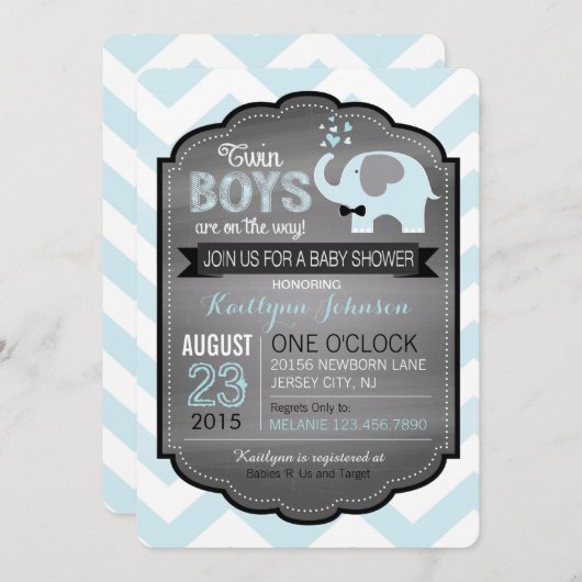 ボウタイ付きブルーエレファント赤ちゃんシャワー招待状 招待状 (正面/裏面)