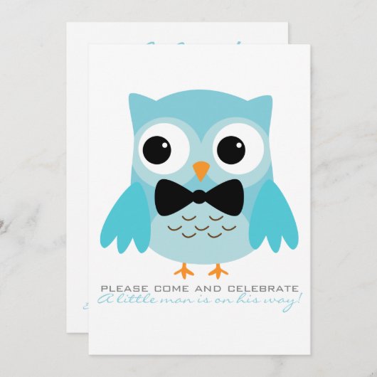 ボウタイ付アクアフクロウ赤ちゃんシャワー招待状 招待状 (正面/裏面)