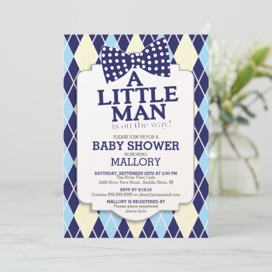 ボウタイ名門私立校風のチリッアーガイルトマンボーイズベイビーシャワー 招待状 (スタンド正面)