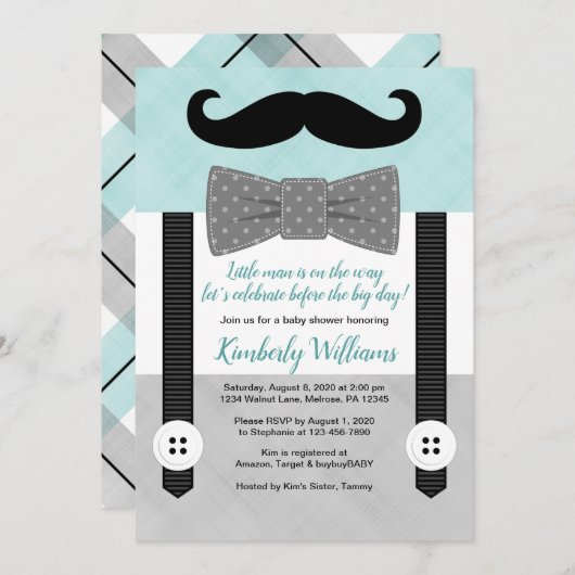 ボウタイ赤ちゃんシャワー招待ミント灰色の小さな男 招待状 (正面/裏面)