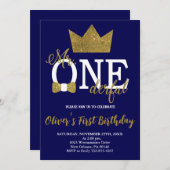 ボウタイ、ネイビー&金ゴールドリトルマン、オネダーフル・デイ 招待状 (正面/裏面)