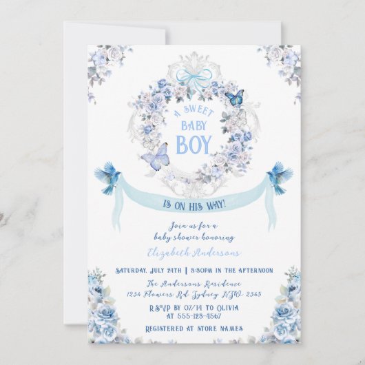 ボウダスティーフローラクレスト甘い男の赤ちゃんベビーシャワー 招待状 (正面)