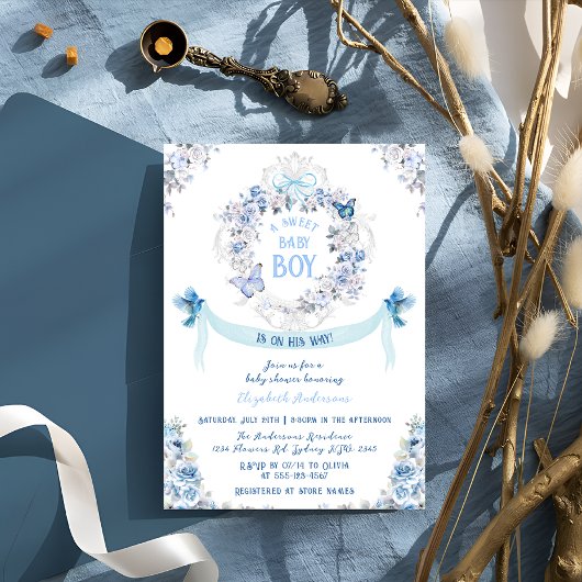 ボウダスティーフローラクレスト甘い男の赤ちゃんベビーシャワー 招待状