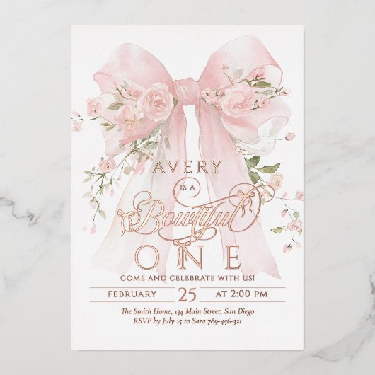 ボウティフル1歳の誕生日フローラボウガール 箔招待状 (正面)