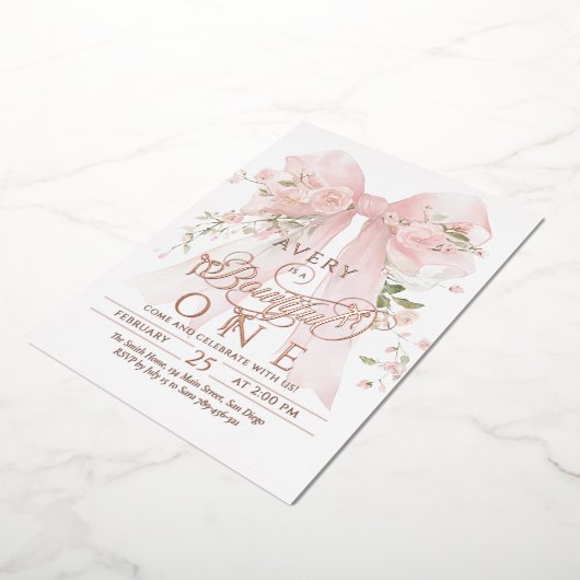 ボウティフル1歳の誕生日フローラボウガール 箔招待状 (回転した状態)