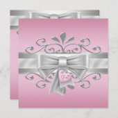 ボウハートチャームピンクシルバーベビーガールシャワー 招待状 (正面/裏面)