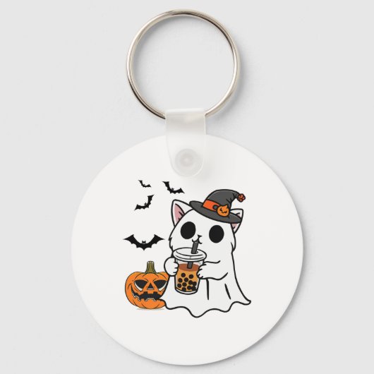 ボウバを飲む幽霊衣装の可愛いハロウィーン猫 キーホルダー (正面)