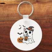 ボウバを飲む幽霊衣装の可愛いハロウィーン猫 キーホルダー (正面)