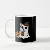 ボウバを飲む幽霊衣装の可愛いハロウィーン猫 コーヒーマグカップ (左)
