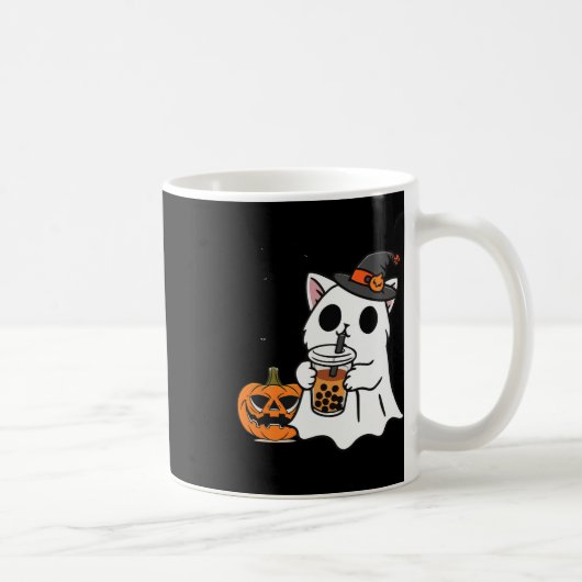 ボウバを飲む幽霊衣装の可愛いハロウィーン猫 コーヒーマグカップ (右)