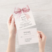 ボウピンクのベージュクリームガールBABYシャワーrsvp オールインワン招待状 (貼ってはがせる)