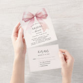 ボウピンクのベージュクリームブライダルシャワーrsvp オールインワン招待状 (貼ってはがせる)