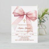 ボウピンクの女の子のロー金ゴールド第1聖餐式 箔招待状 (立ち正面)