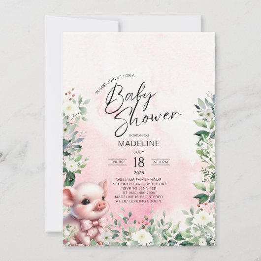 ボウピンクの女の子ベビーシャワー付き豚招待状 招待状 (正面)