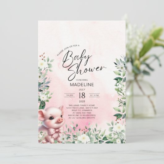ボウピンクの女の子ベビーシャワー付き豚招待状 招待状 (スタンド正面)