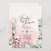 ボウピンクの女の子ベビーシャワー付き豚招待状 招待状 (正面/裏面)