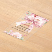 ボウピンクの花模様エレガントの澄ん誕生日 アクリル招待状 (レイダウン)