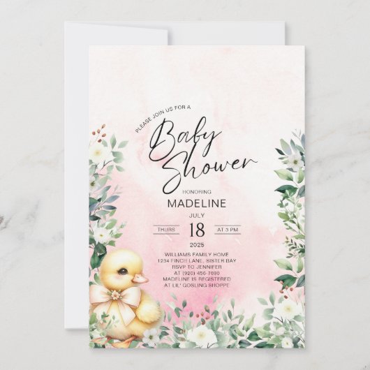 ボウピンクガールベビーシャワー付きアヒル招待状 招待状 (正面)