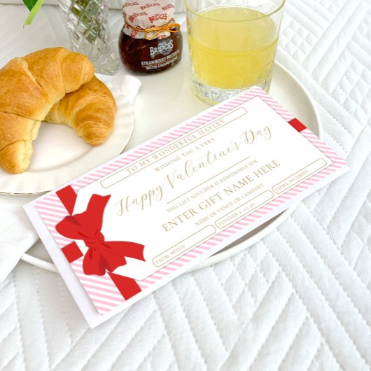 ボウピンクストライプのバレンタインデーのギフト券カード 招待状