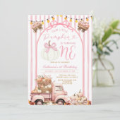 ボウピンクトラックカボチャ1st誕生日ストライプ秋 招待状 (スタンド正面)