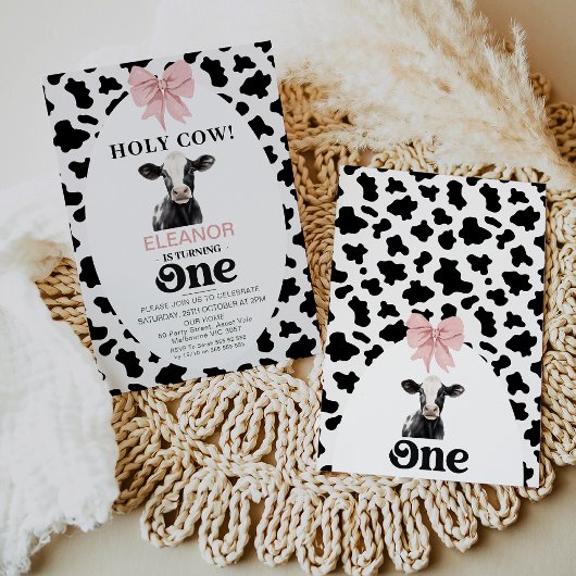 ボウピンクブラックカウズプリントホーリーカウー1st誕生日 招待状