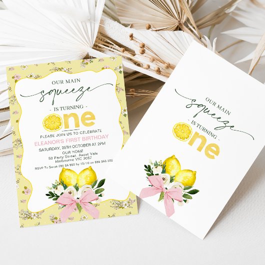 ボウピンクレモン私たちのメイン絞り1歳の誕生日 招待状
